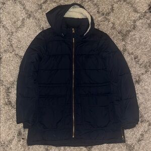 J. Crew Factory Long Length Winter Coat with Sherpa Lined Hood and Gold Hardware